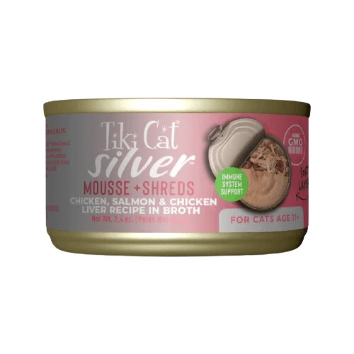 Canned Cat Food - SILVER - Mousse & Shreds Chicken, Salmon & Chicken Liver Recipe For Cats Age 11+, 2.4 oz