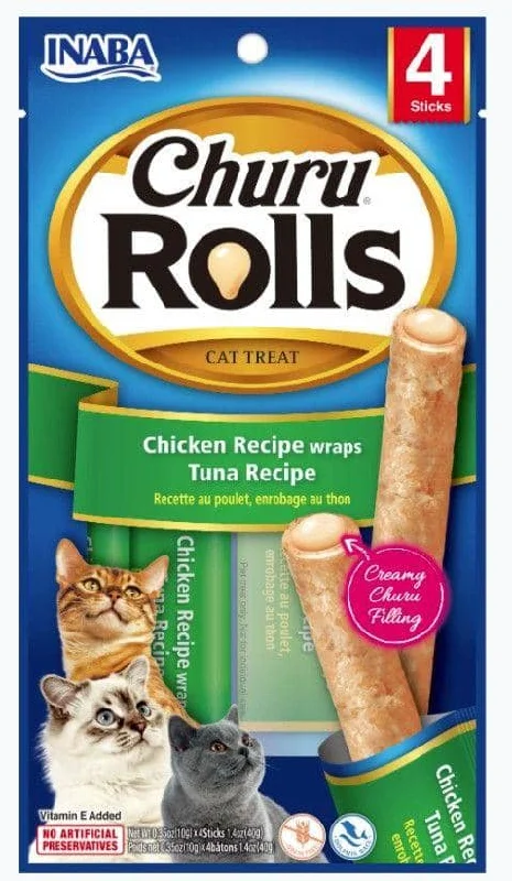 Inaba Churu Rolls Cat Treat Chicken Recipe wraps Tuna Recipe - 4 count