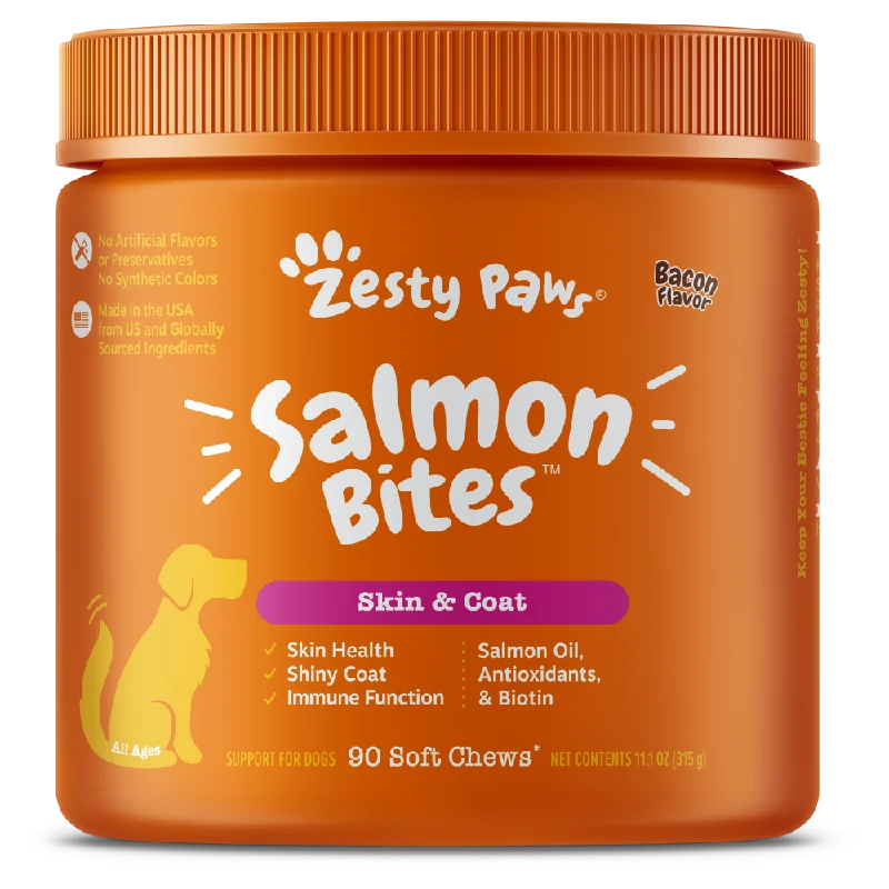 Zesty Paws Dog Salmon Bites Skin & Coat Bacon 90soft chews